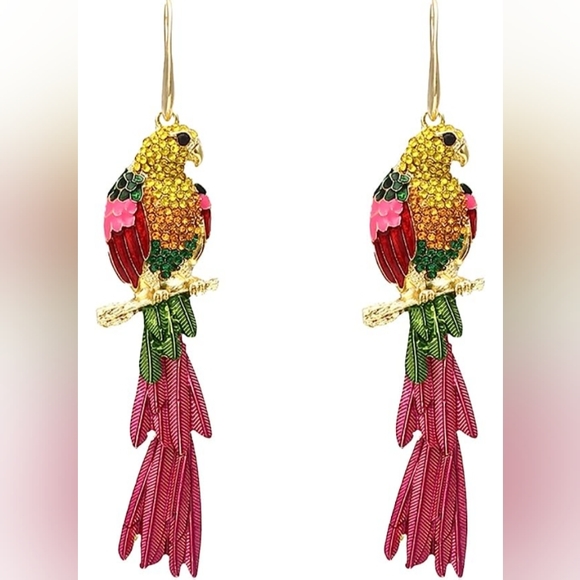 Colorful Parrot Multicolor Pave Rhinestone Bohemian Wire Earrings Statement New - Picture 4 of 5